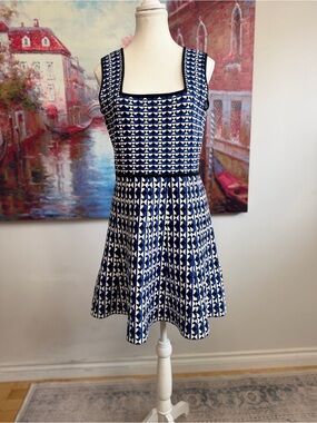 BCBGMaxAzria Navy and White Geometric Sleeveless Skater Dress